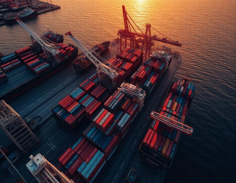 Port operations at golden hour